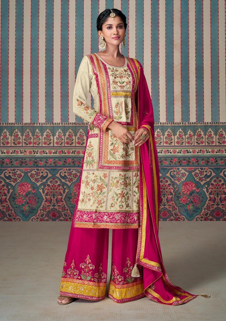 Beige Woven Chinon Salwar Kameez