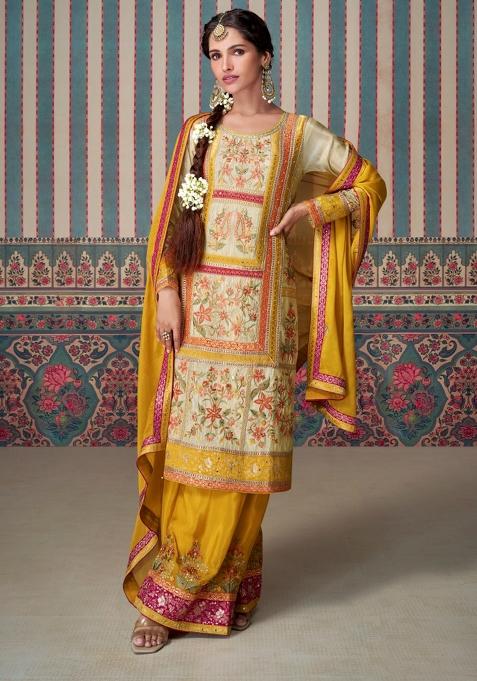 Beige Woven Chinon Salwar Kameez