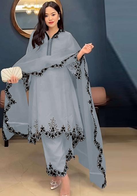 Light Grey Embroidered Faux Georgette Salwar Kameez