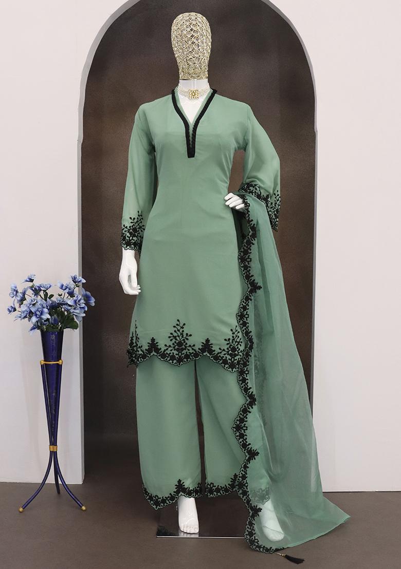 Light Green Embroidered Faux Georgette Salwar Kameez