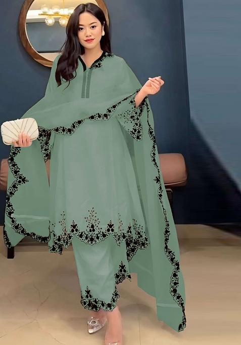 Light Green Embroidered Faux Georgette Salwar Kameez
