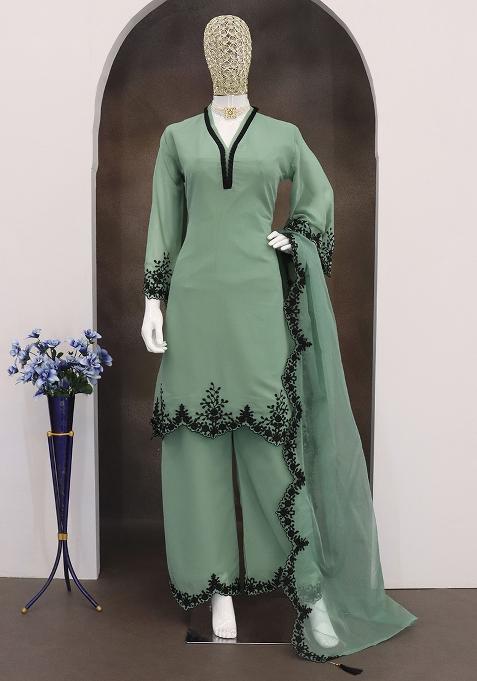Light Green Embroidered Faux Georgette Salwar Kameez