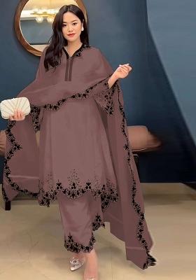 Brown Embroidered Faux Georgette Salwar Kameez