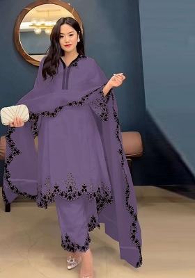 Purple Embroidered Faux Georgette Salwar Kameez