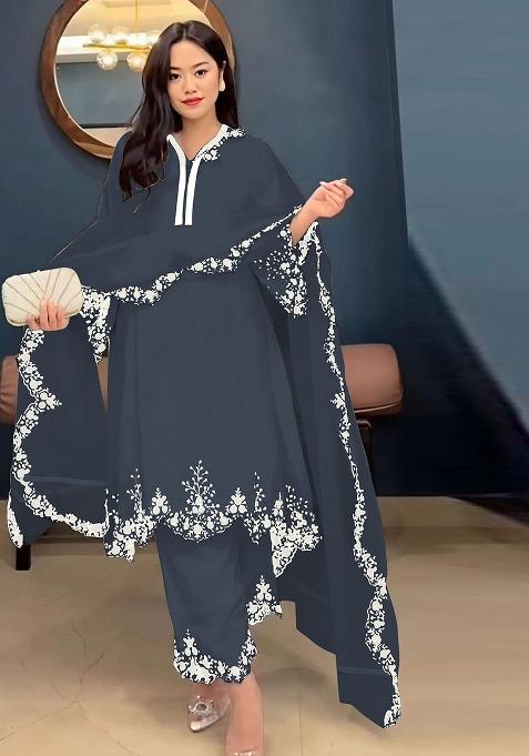 Dark Grey Embroidered Faux Georgette Salwar Kameez