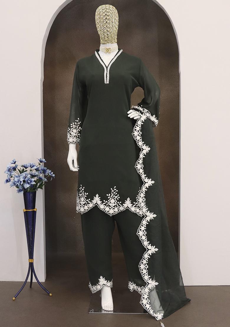 Green Embroidered Faux Georgette Salwar Kameez
