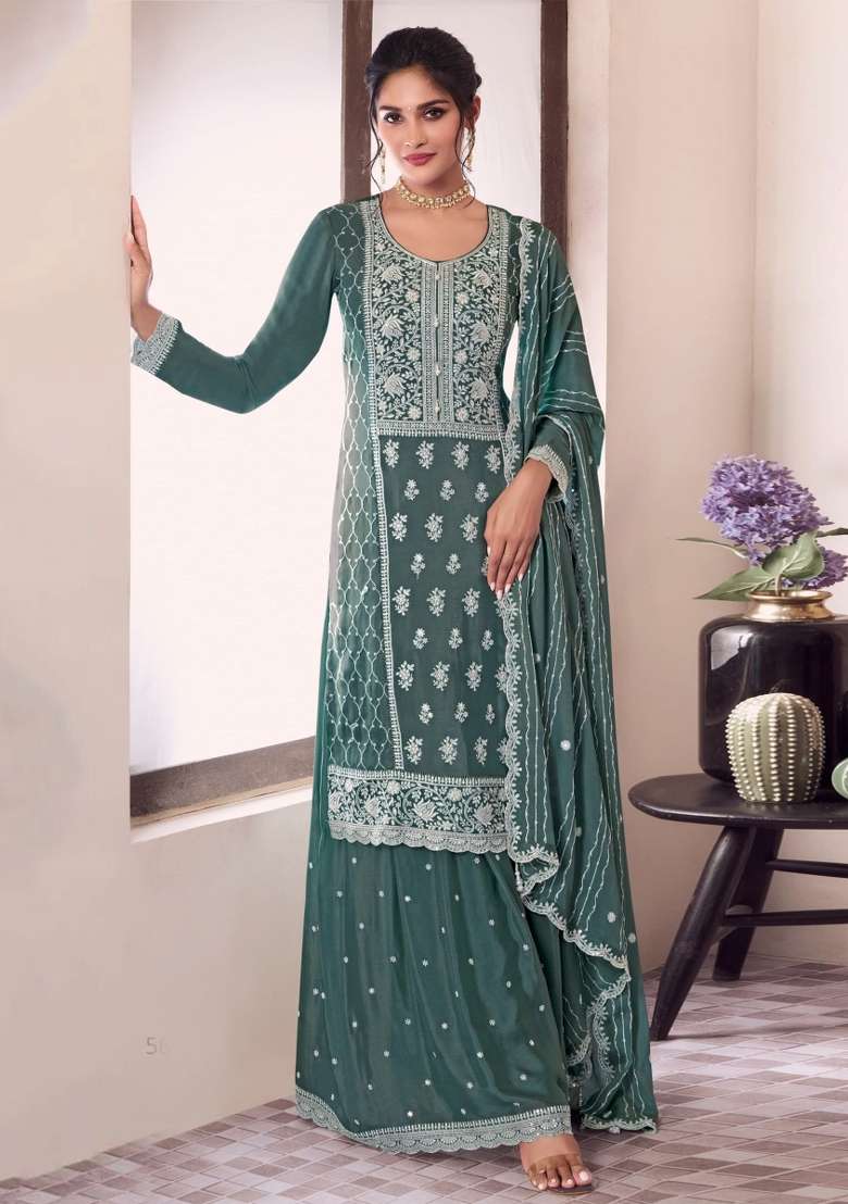 Green Embroidered Chinon Salwar Kameez - Indya