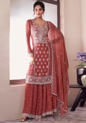 Orange Embroidered Chinon Salwar Kameez