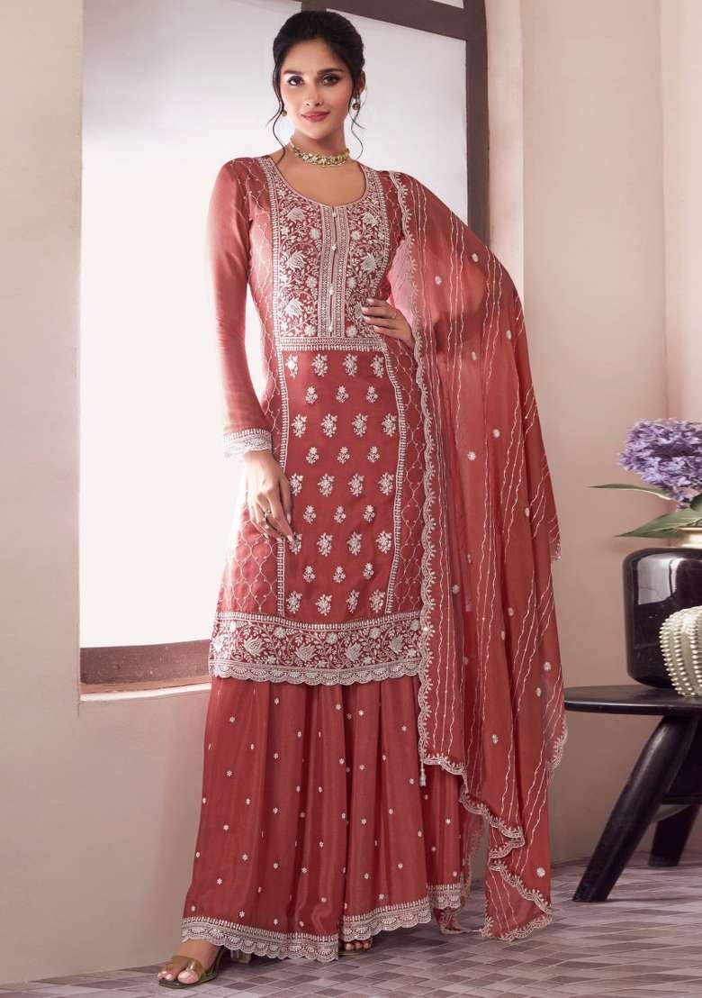 Orange Embroidered Chinon Salwar Kameez - Indya