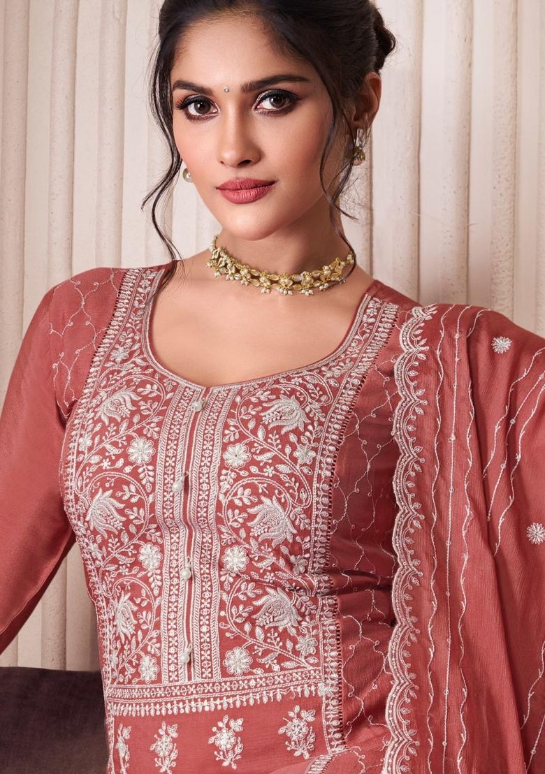 Orange Embroidered Chinon Salwar Kameez