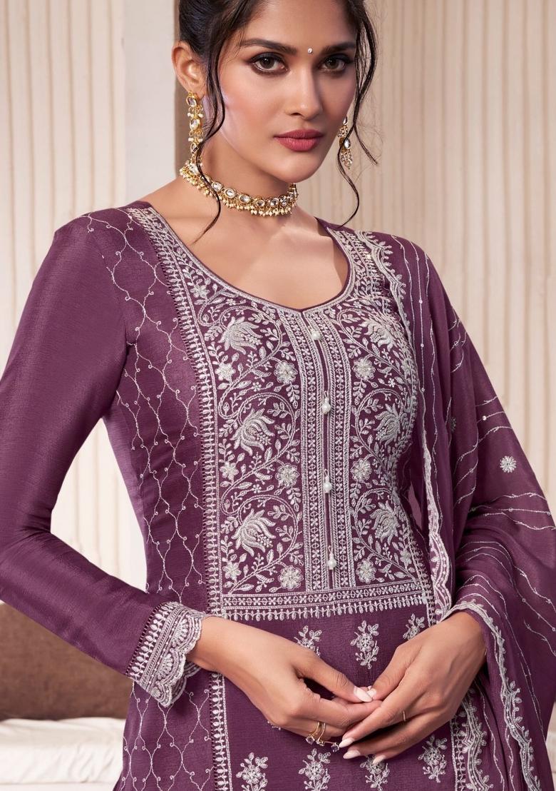 Purple Embroidered Chinon Salwar Kameez