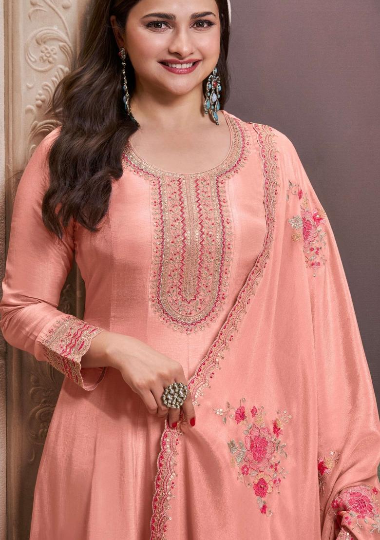 Orange Embroidered Art Silk Salwar Kameez