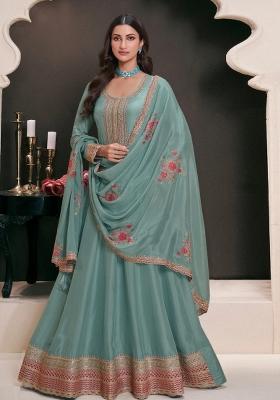 Sky Blue Embroidered Art Silk Salwar Kameez
