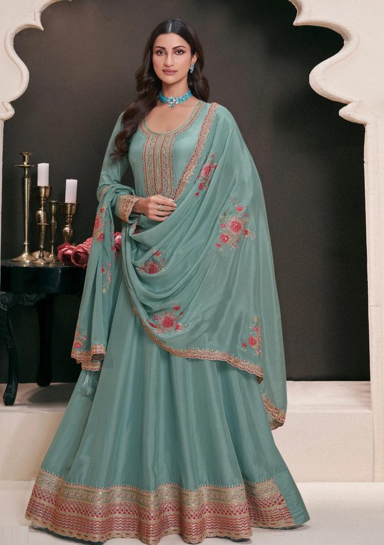 Sky Blue Embroidered Art Silk Salwar Kameez