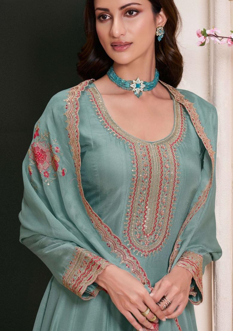 Sky Blue Embroidered Art Silk Salwar Kameez