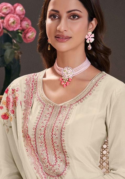 White Embroidered Art Silk Salwar Kameez