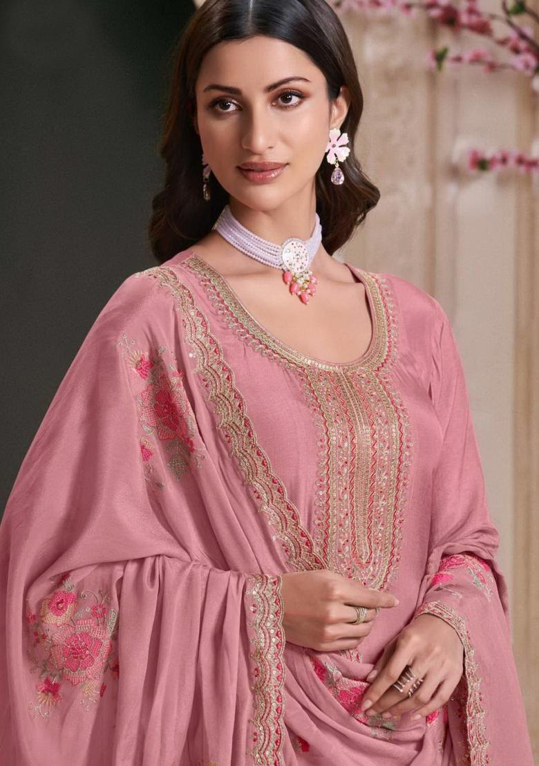 Pink Embroidered Art Silk Salwar Kameez