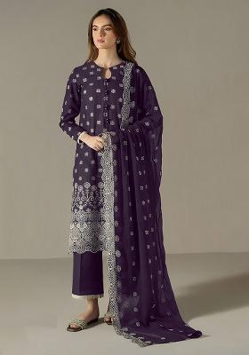 Dark Purple Embroidered Faux Georgette Salwar Kameez