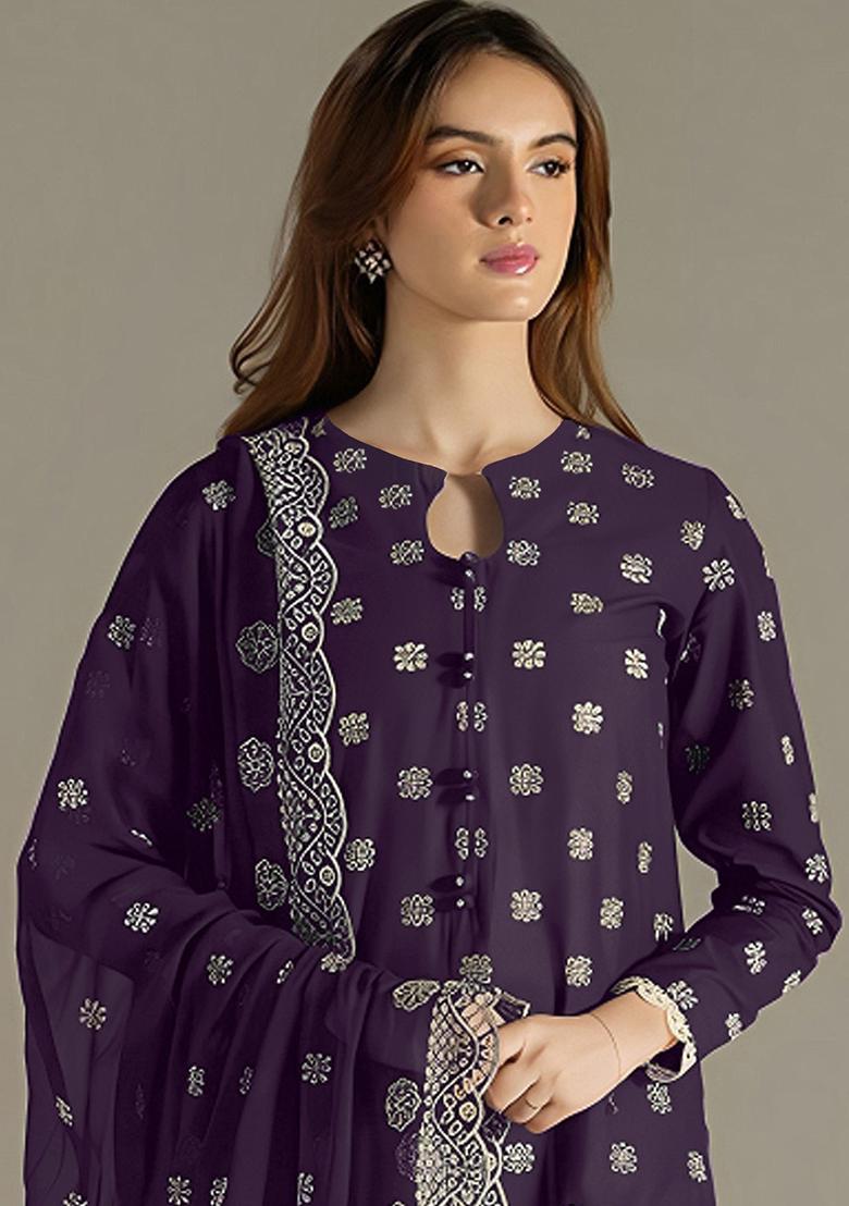 Dark Purple Embroidered Faux Georgette Salwar Kameez