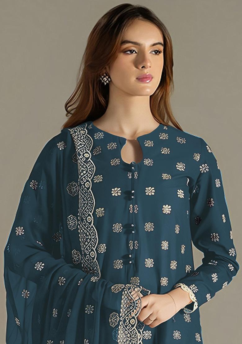 Blue Embroidered Faux Georgette Salwar Kameez