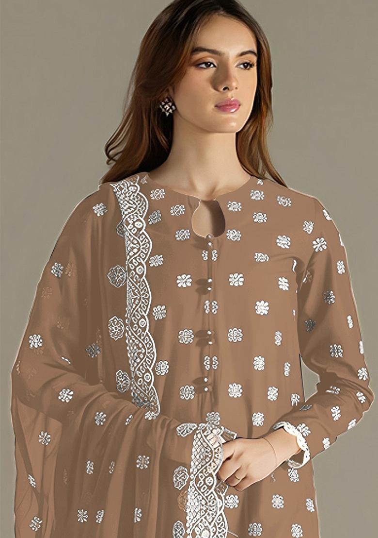 Brown Embroidered Faux Georgette Salwar Kameez