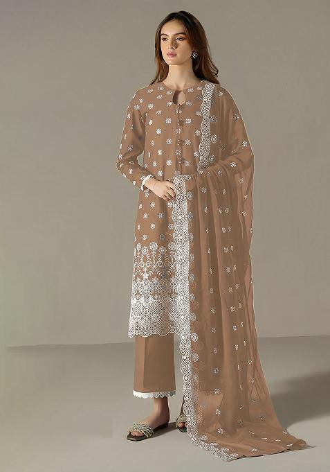 Brown Embroidered Faux Georgette Salwar Kameez