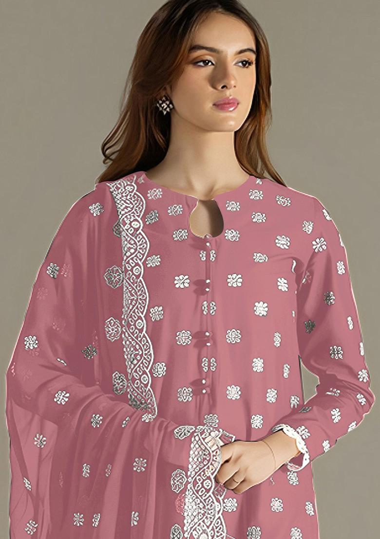 Pink Embroidered Faux Georgette Salwar Kameez