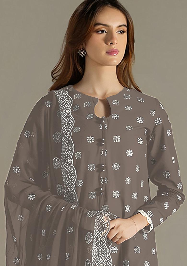 Grey Embroidered Faux Georgette Salwar Kameez
