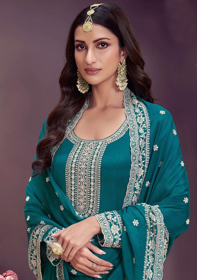 Rama Green Embroidered Chinon Salwar Kameez
