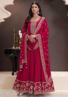 Red Embroidered Chinon Salwar Kameez