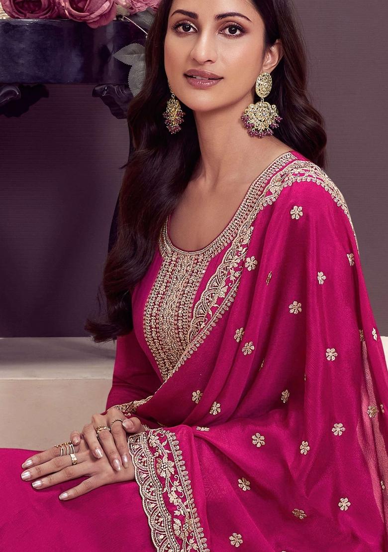Pink Embroidered Chinon Salwar Kameez