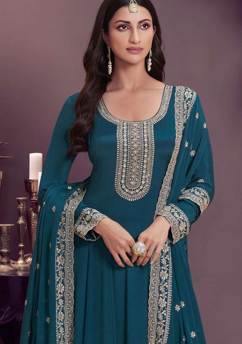 Aqua Blue Embroidered Chinon Salwar Kameez
