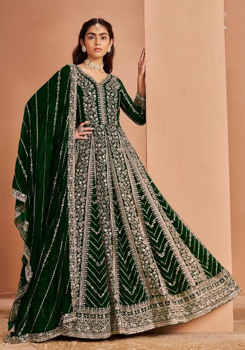 Green Embroidered Georgette Anarkali — view on Indya