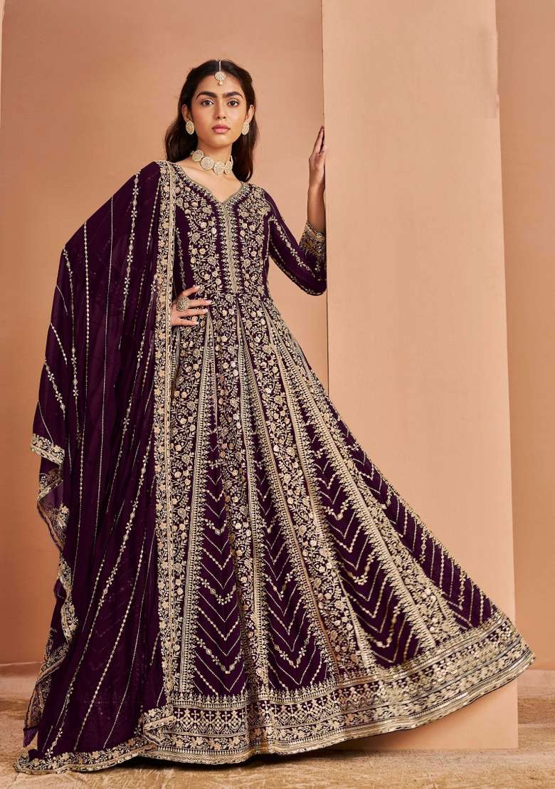 Purple Embroidered Georgette Anarkali Set - Indya