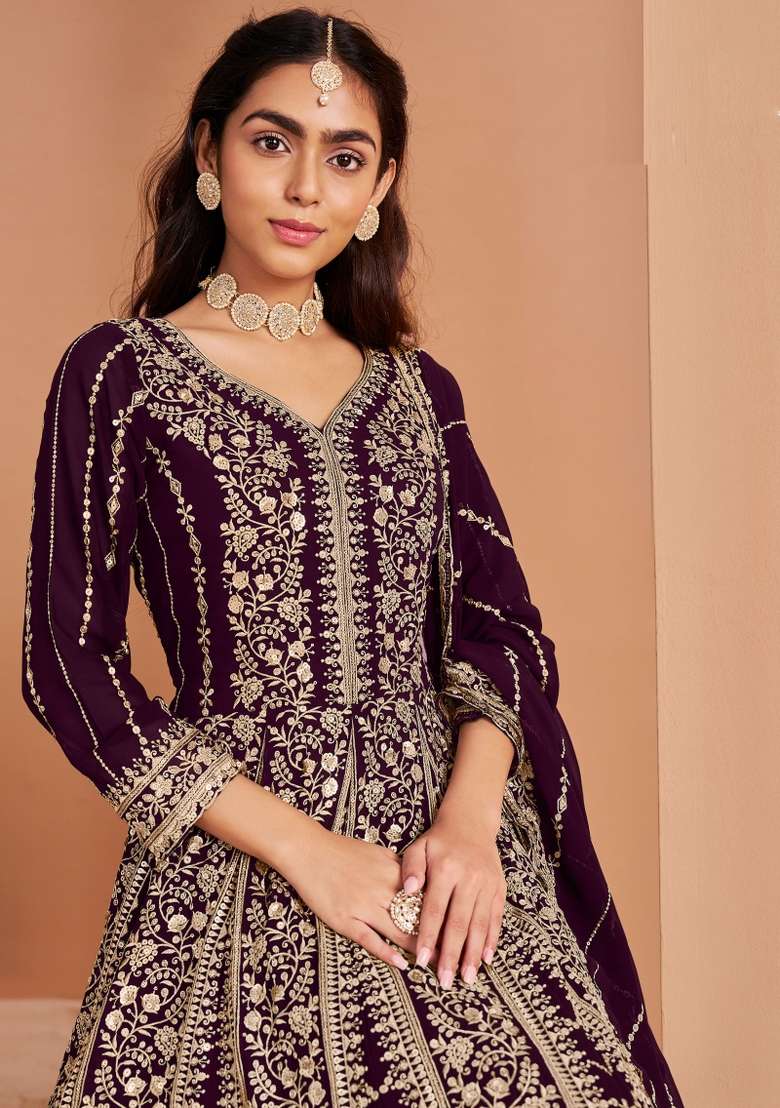 Purple Embroidered Georgette Anarkali Set - Indya