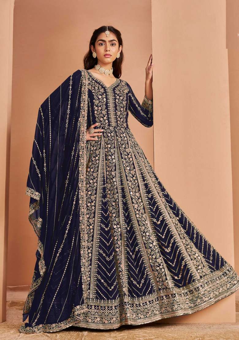 Blue Embroidered Georgette Anarkali - Indya