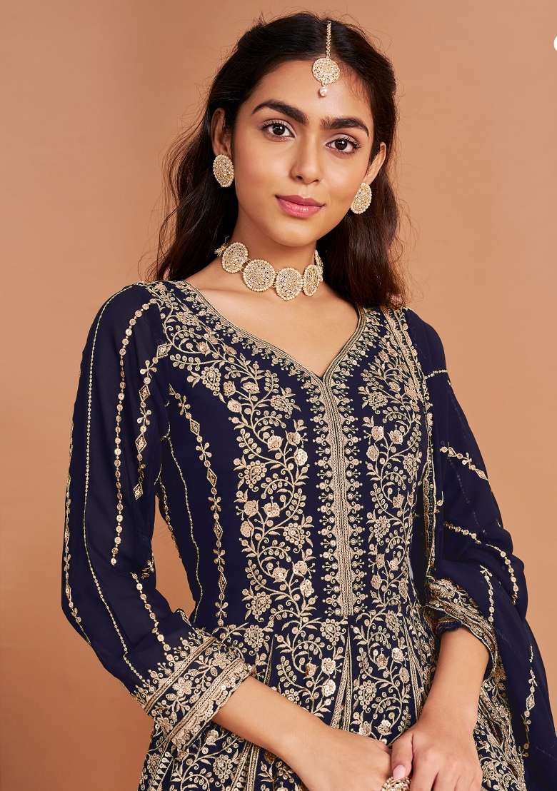 Blue Embroidered Georgette Anarkali - Indya