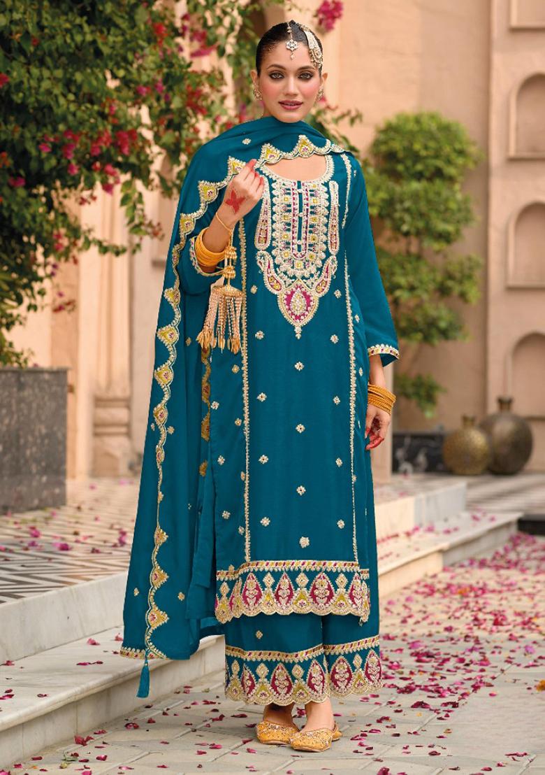 Teal Blue Embroidered Silk Plazzo Set With Dupatta