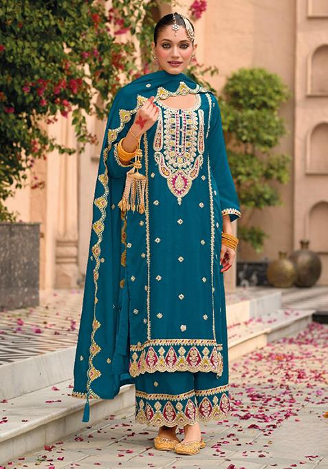 Teal Blue Embroidered Silk Plazzo Set With Dupatta