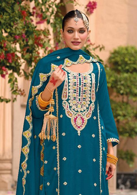 Teal Blue Embroidered Silk Plazzo Set With Dupatta