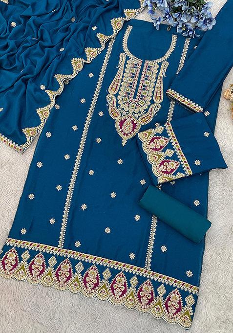 Teal Blue Embroidered Silk Plazzo Set With Dupatta