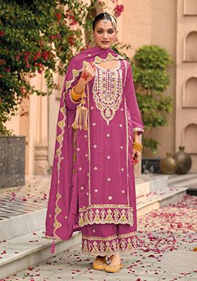 Pink Embroidered Silk Plazzo Set With Dupatta