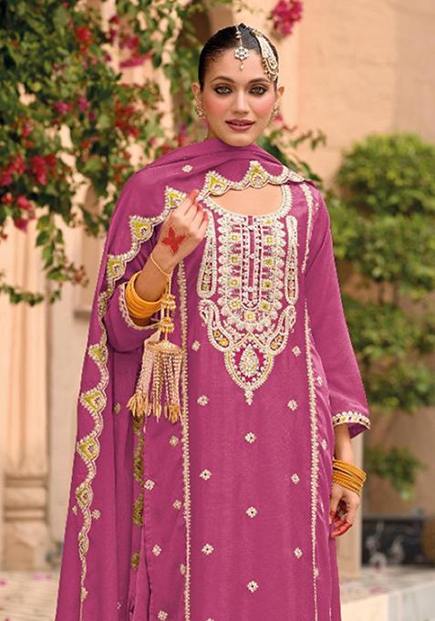 Pink Embroidered Silk Plazzo Set With Dupatta