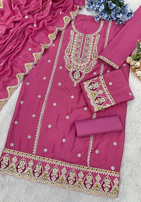 Pink Embroidered Silk Plazzo Set With Dupatta