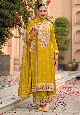 Yellow Embroidered Silk Plazzo Set With Dupatta