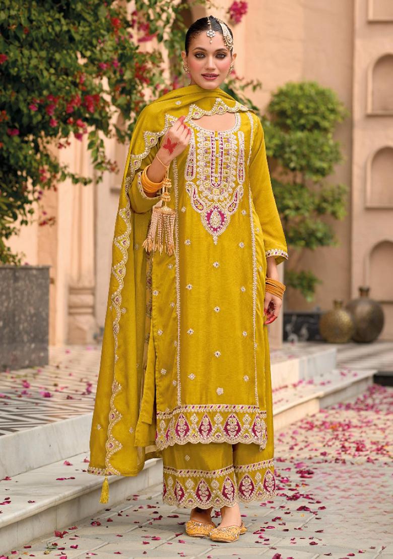 Yellow Embroidered Silk Plazzo Set With Dupatta