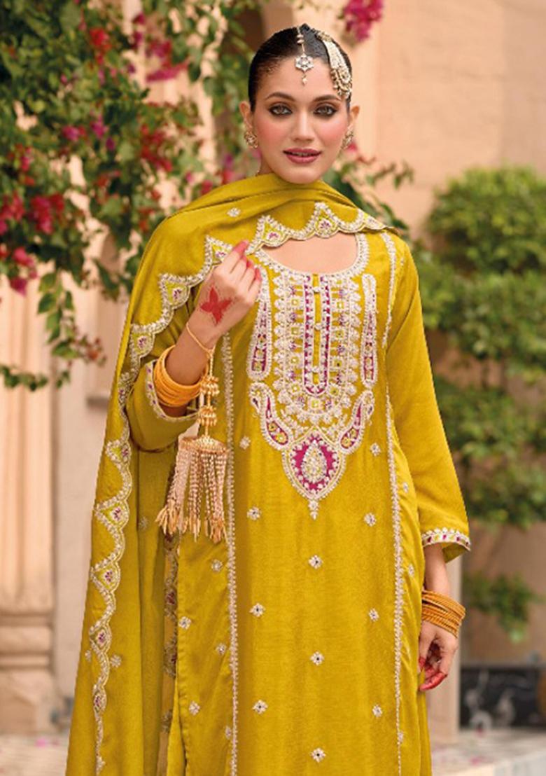 Yellow Embroidered Silk Plazzo Set With Dupatta