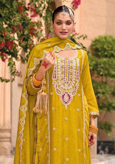 Yellow Embroidered Silk Plazzo Set With Dupatta
