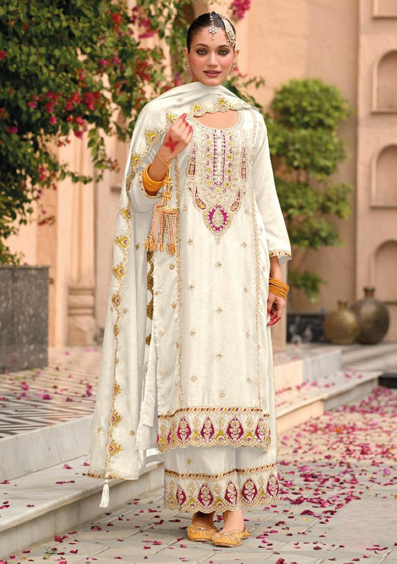 Beige Embroidered Silk Plazzo Set With Dupatta
