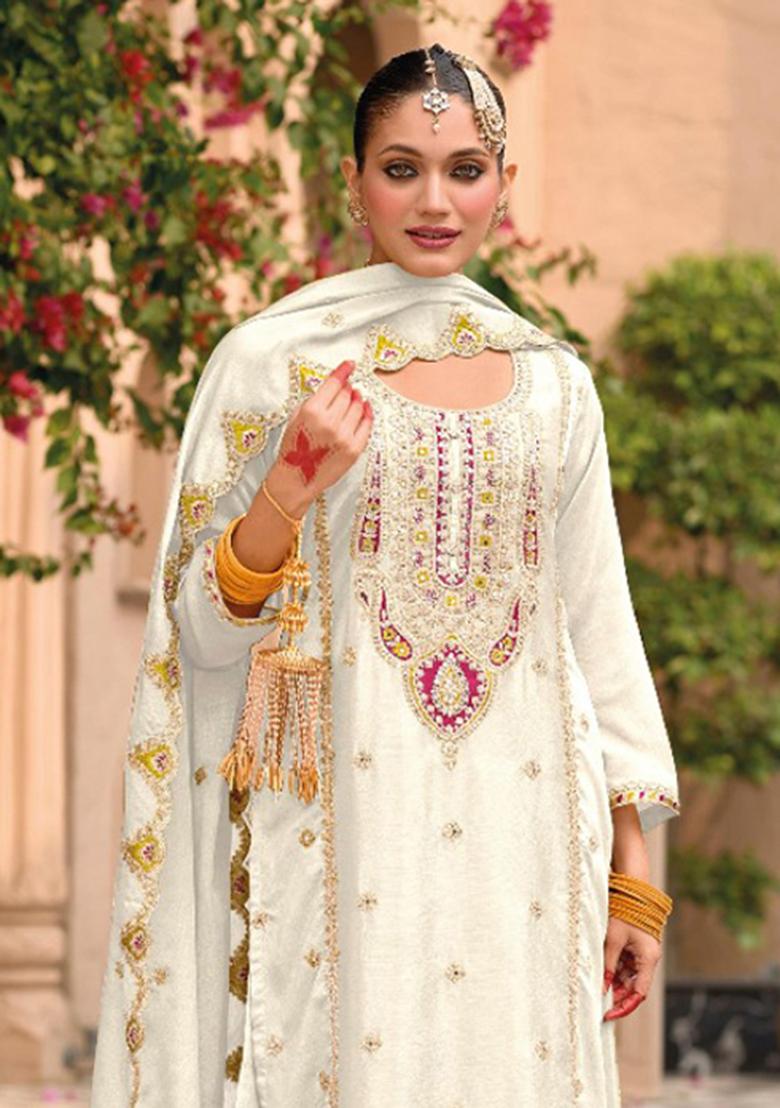 Beige Embroidered Silk Plazzo Set With Dupatta